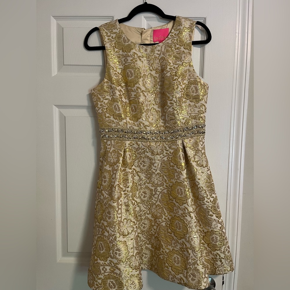 Size 8, gold floral Lily Pulitzer dress with beaded waist